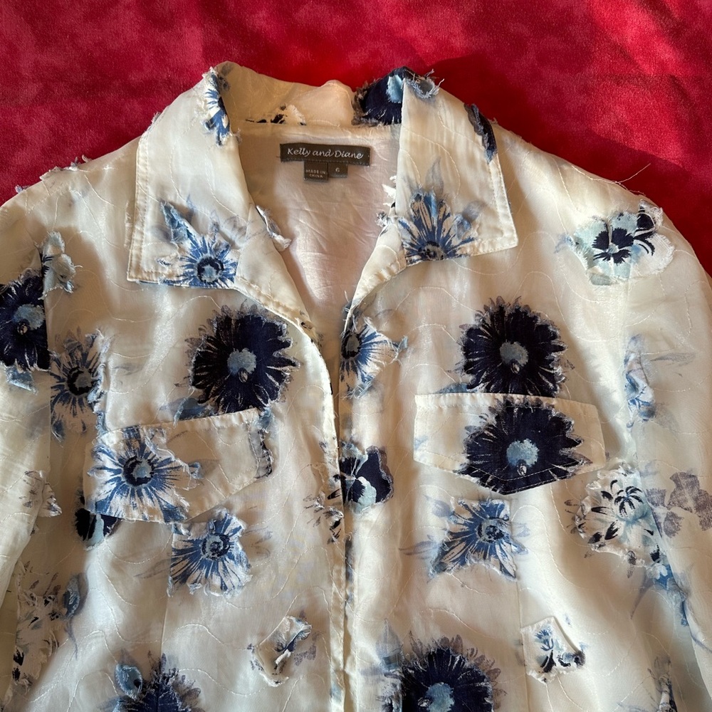 Floral Sheer Jacket - White and Blue - Picture 2 of 11